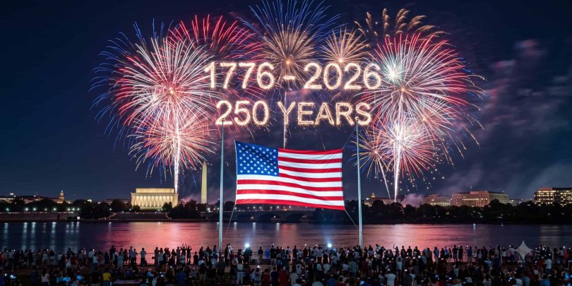 Independence Day 2026 fireworks over an American flag marking America's 250th anniversary