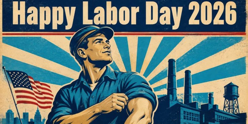 Happy Labor Day 2026 vintage poster of an American worker rolling up his sleeve with a factory and flag